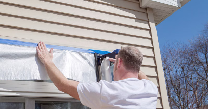 applying tape to house siding