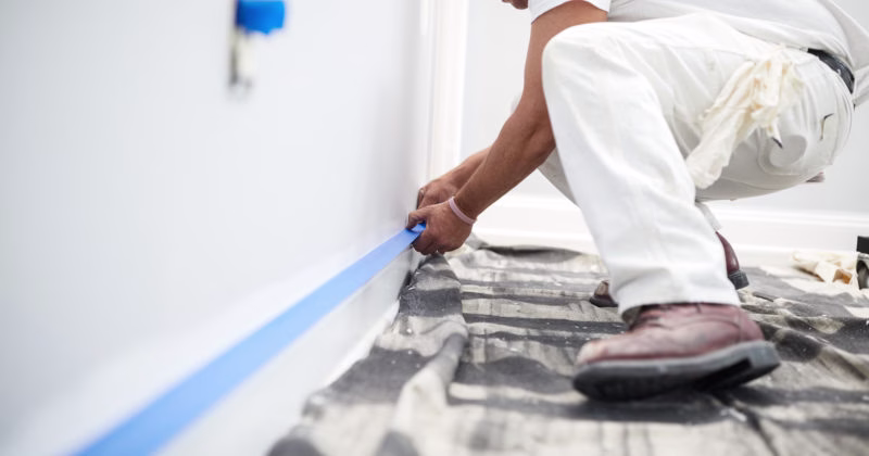 Applying tape to baseboard